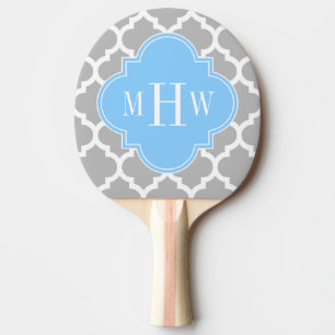 Grey White Moroccan #5 Sky Blue 3 Initial Monogram Ping Pong Paddle