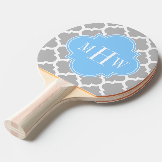Grey White Moroccan #5 Sky Blue 3 Initial Monogram Ping Pong Paddle (Front Angle)