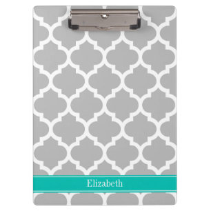 Grey White Moroccan #5 Teal Name Monogram Clipboard