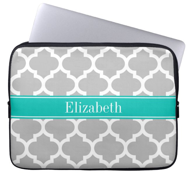 Grey White Moroccan #5 Teal Name Monogram Laptop Sleeve (Front)