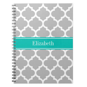Grey White Moroccan #5 Teal Name Monogram Spiral Notebook