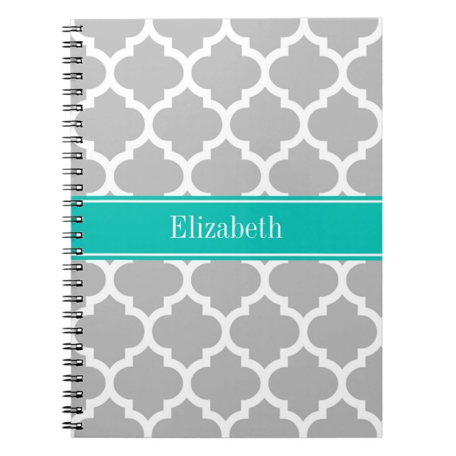 Grey White Moroccan #5 Teal Name Monogram Spiral Notebook (Front)