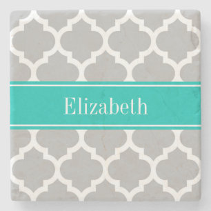 Grey White Moroccan #5 Teal Name Monogram Stone Coaster