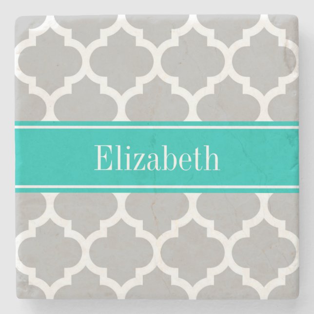 Grey White Moroccan #5 Teal Name Monogram Stone Coaster (Front)