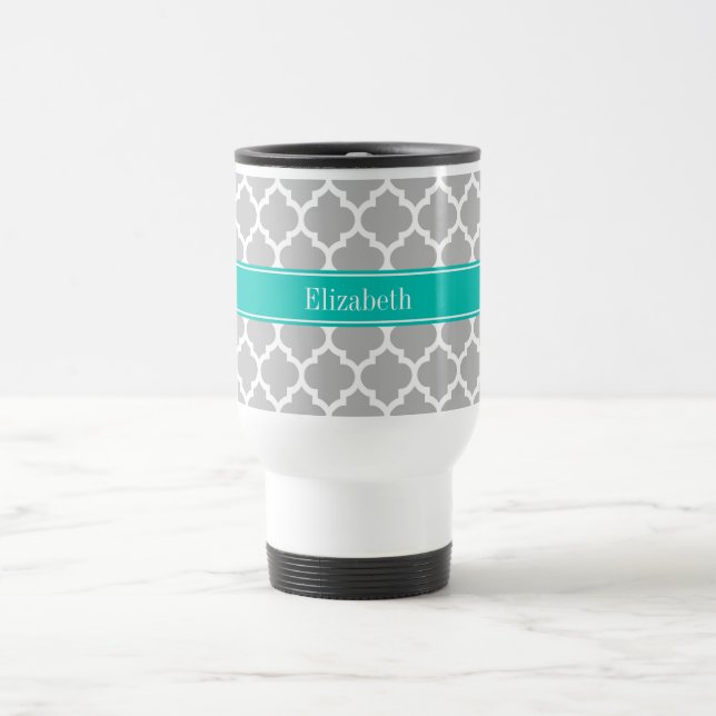 Grey White Moroccan #5 Teal Name Monogram Travel Mug (Center)