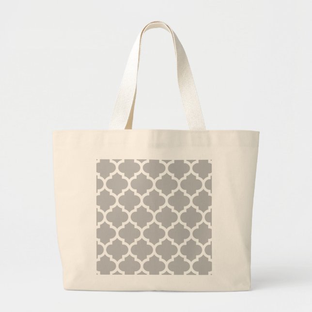 Grey White Moroccan Quatrefoil Pattern #5 Large Tote Bag (Front)