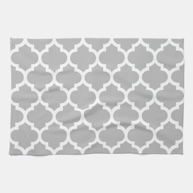 Grey White Moroccan Quatrefoil Pattern #5 Tea Towel (Horizontal)