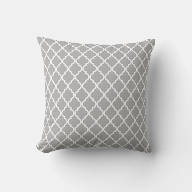 Grey, White Moroccan Quatrefoil Pattern Pillow (Front)