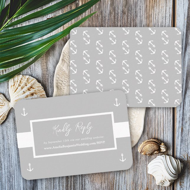  Grey White Nautical Pattern Website Wedding RSVP Enclosure Card (Creator Uploaded)