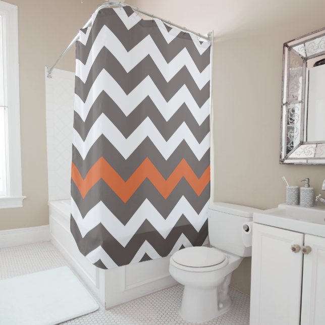 Grey, White & Orange Chevron Stripe Pattern Shower Curtain (In Situ)