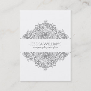 Grey & White Ornate Floral Ornament Design Business Card