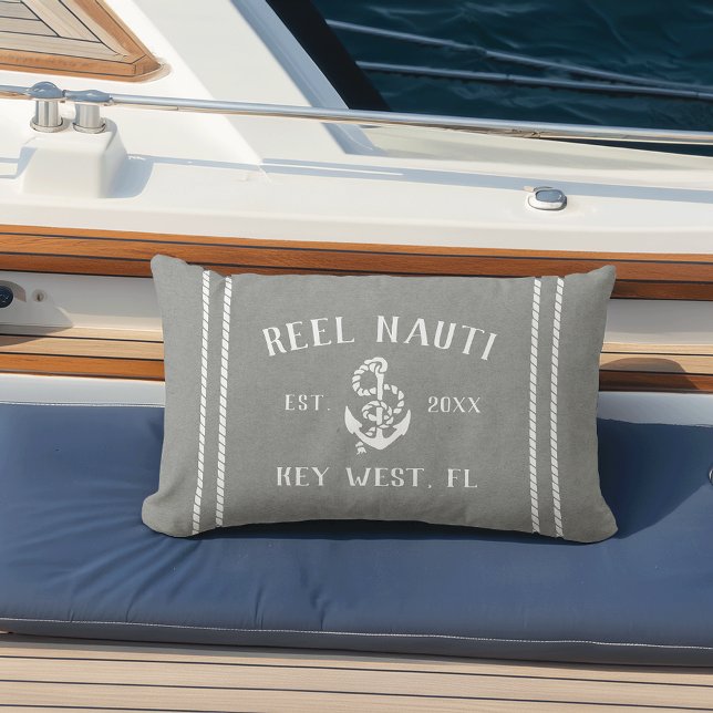 Grey & White Personalised Boat Name Anchor Lumbar Cushion (Creator Uploaded)