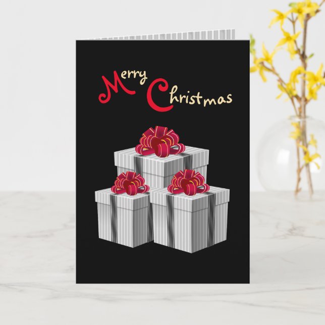 Grey White Pinstripe Red Bow Presents on Black Card (Yellow Flower)