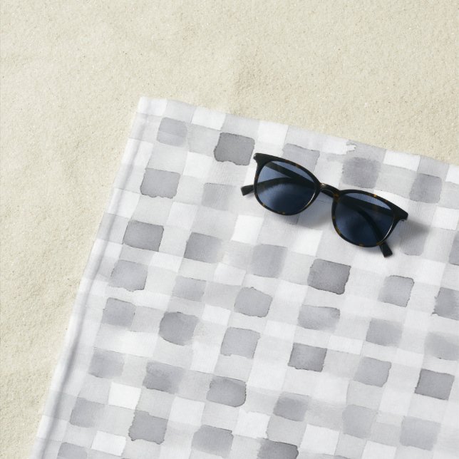 Grey White Plaid Stripes Beach Towel (In Situ)