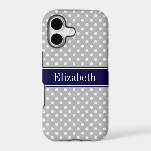 Grey White Polka Dots Navy Blue Name Monogram