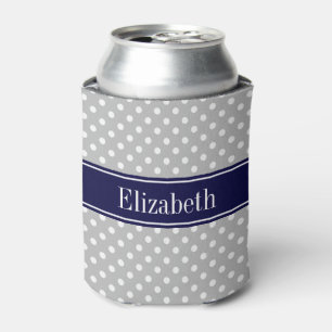 Grey White Polka Dots Navy Blue Name Monogram Can Cooler