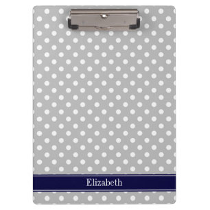 Grey White Polka Dots Navy Blue Name Monogram Clipboard