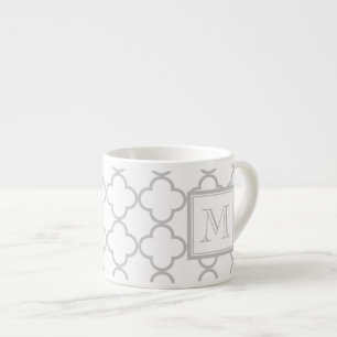 Grey White Quatrefoil   Your Monogram Espresso Cup