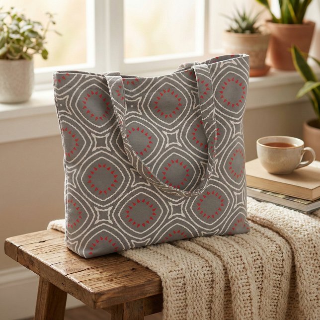 Grey White Red Ethnic Boho Chic Geometric Pattern Fabric (Creator Uploaded)