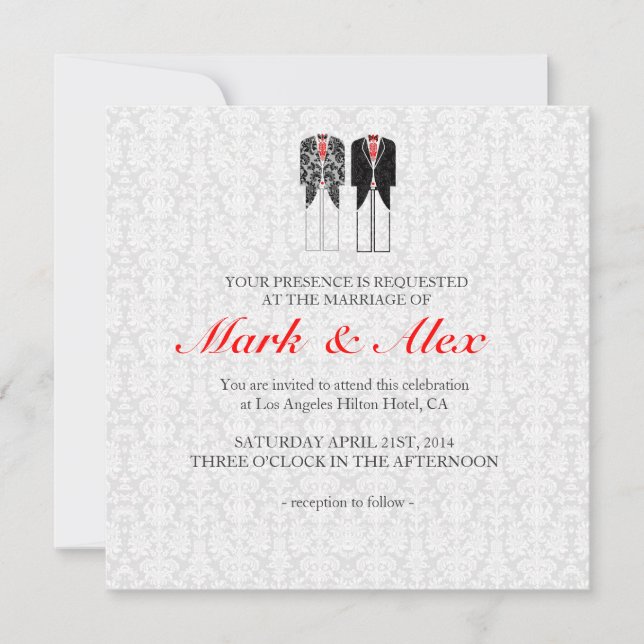 Grey White & Red Same-Sex Couples Wedding Invite (Front)