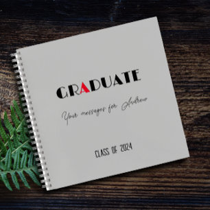 Grey white red script graduation name notebook
