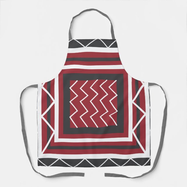 Grey White Red Square Chevron Stripe Kitchen Apron (Front)