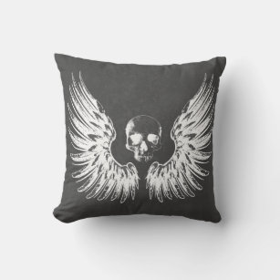 Grey & White Rock Angel Wings Skull Cushion