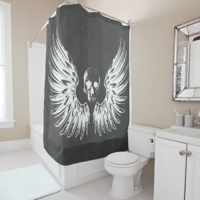 Grey & White Rock Angel Wings Skull Shower Curtain (In Situ)