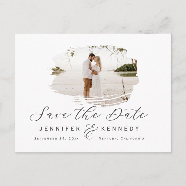 Grey & White Romantic Brushed Photo Save The Date Postcard (Front)