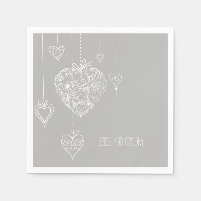 Grey White Romantic Hearts Wedding Napkin (Front)