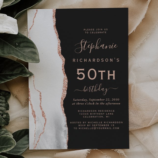 Grey White Rose Gold Agate Dark 50th Birthday Invitation (Creator Uploaded)