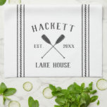 Grey & White Rustic Oars Personalised Lake House Tea Towel<br><div class="desc">Customise your lake house kitchen with this cute personalised towel featuring your family name or house name and year established in charcoal grey lettering accented with a pair of oars.</div>