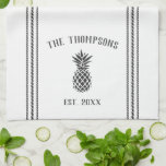 Grey & White Rustic Pineapple Personalised Tea Towel<br><div class="desc">Customise your kitchen with this cute personalised kitchen towel featuring your family name and year established in deep charcoal grey lettering accented with a pineapple illustration.</div>