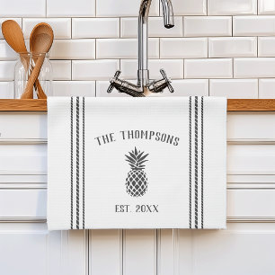 Grey & White Rustic Pineapple Personalised Tea Towel