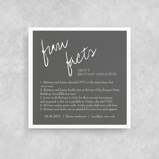 Grey White Script Fun Facts Cocktail Wedding Napkin (Creator Uploaded)