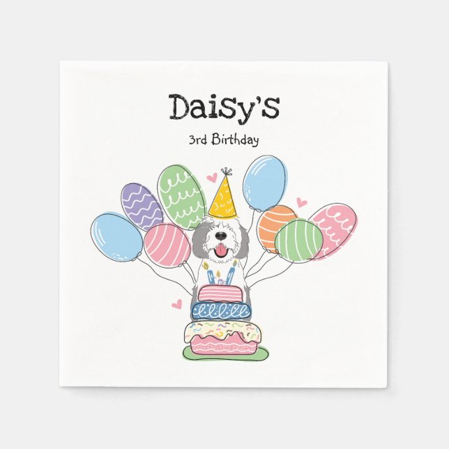 Grey & White Sheepadoodle Birthday Party Paper Napkin (Front)