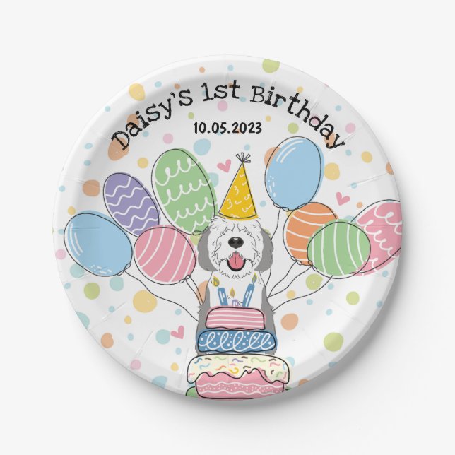 Grey & White Sheepadoodle Dog Birthday  Paper Plate (Front)