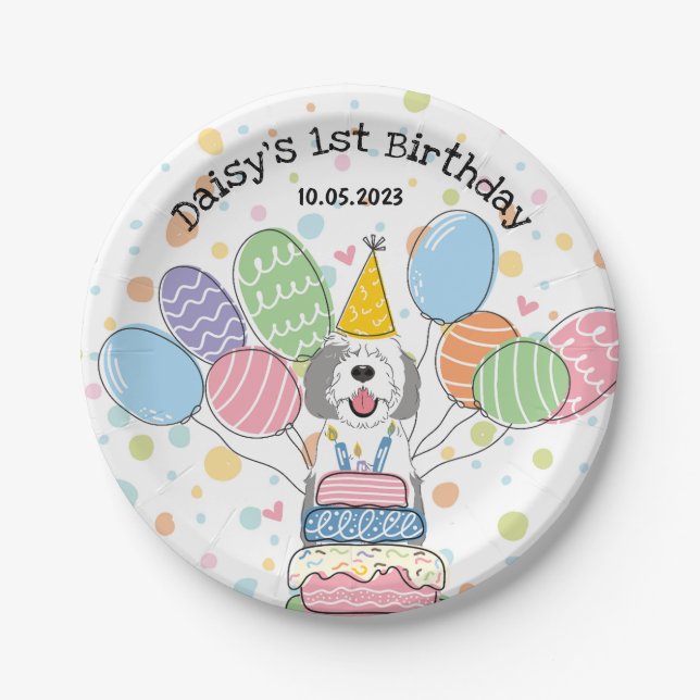 Grey & White Sheepadoodle Dog Birthday  Paper Plate (Front)