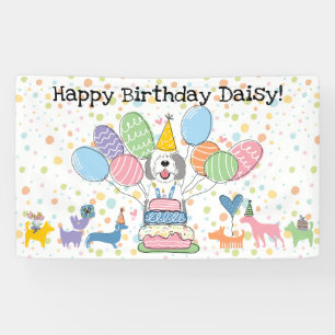 Grey & White Sheepadoodle Dog Birthday Party Banner