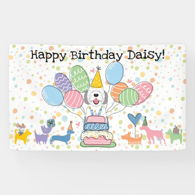 Grey & White Sheepadoodle Dog  Birthday Party Banner (Horizontal)