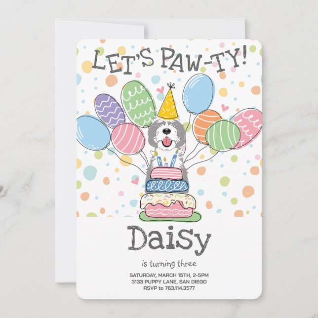 Grey & White Sheepadoodle Dog Birthday Party  Invitation (Front)