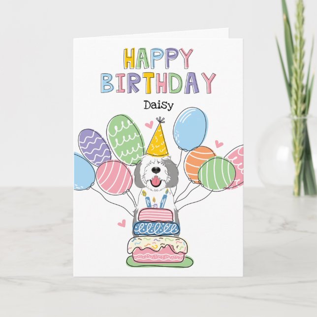 Grey & White Sheepadoodle Dog Happy Birthday Card