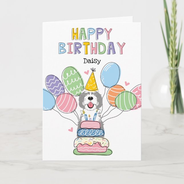 Grey & White Sheepadoodle Dog Happy Birthday Card (Front)
