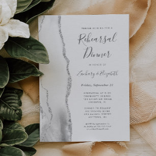 Grey White Silver Agate Wedding Rehearsal Dinner Invitation
