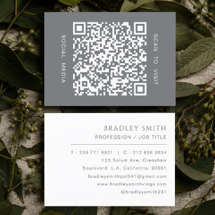 Grey & White Simple Professional Minimal QR Code Business Card