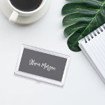 Grey & White Sketched Cursive Script Business Card Holder<br><div class="desc">Elegant business card case features your name,  title,  or choice of personalisation in white hand scripted cursive lettering on a dark grey background.</div>