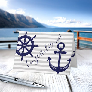Grey White Stripe Anchor Ship Wheel Nautical Card