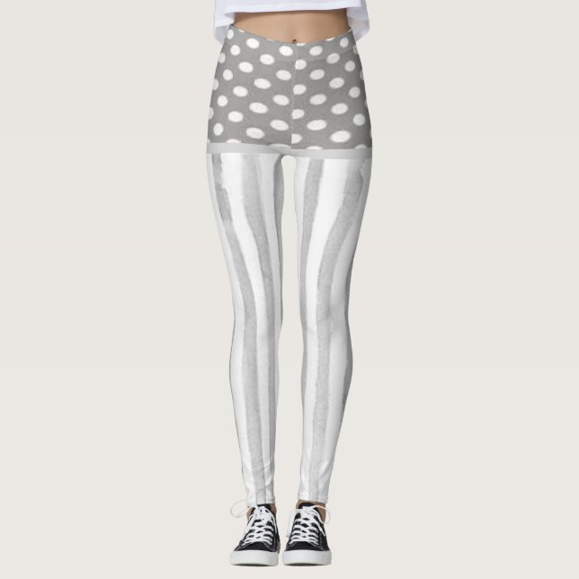 Grey White Stripe Circles Leggings (Front)