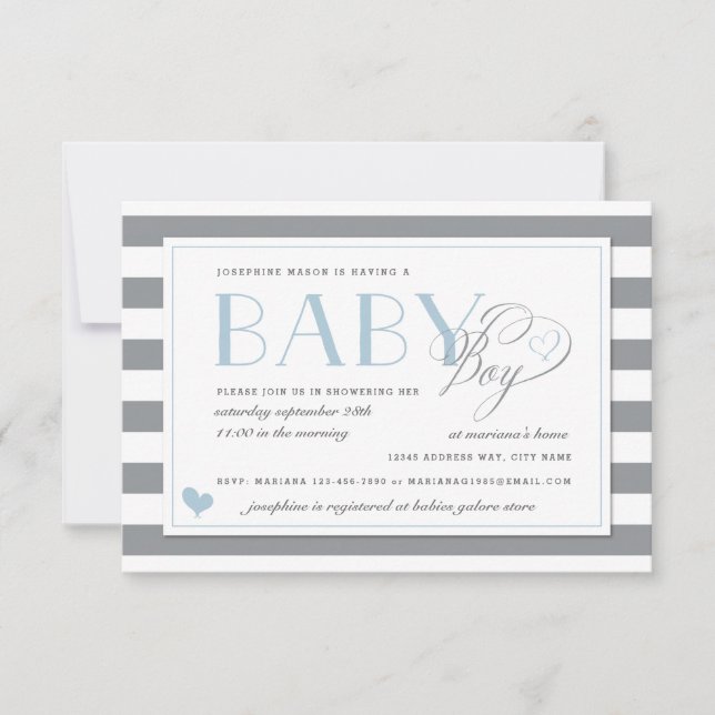 Grey & White Stripe Light Blue Boys Baby Shower Invitation (Front)