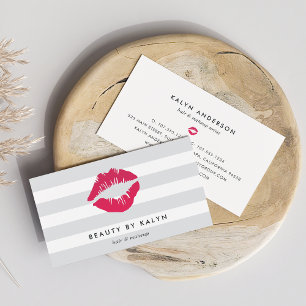 Grey & White Stripe Pink Lip Print Business Card